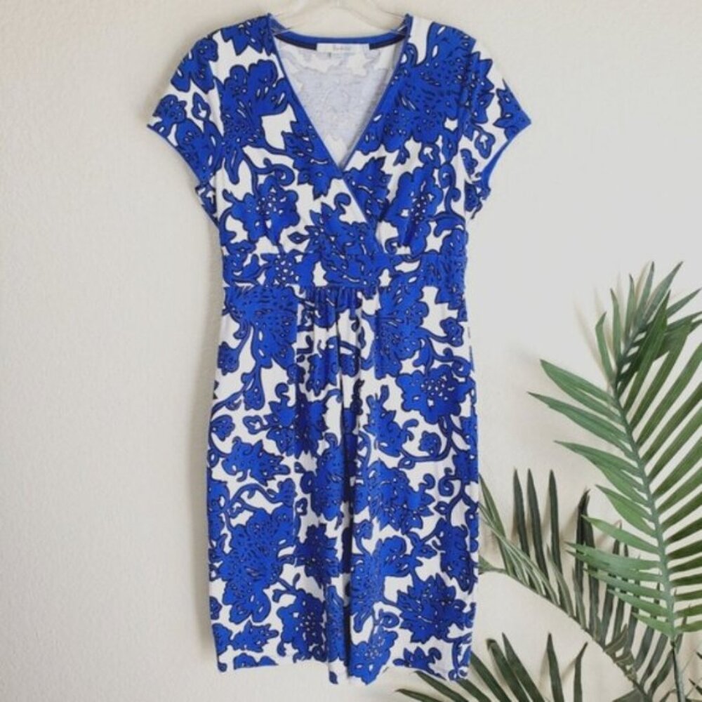 Boden Blue and White Floral Wrap-Style Dress